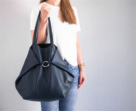 Large OVERSIZE Dark Blue Tote Bag NAVY Blue Leather SHOPPER Bag Oversized Tote Big Shoulder Bag ...