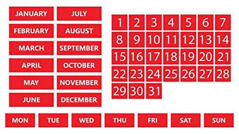 Whiteboard Calendar Magnet Non-Abbreviated Bundle (Dates, Days Of The Week, Months) By (Red, 0.5 ...