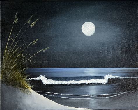 Moonlight Beach Original Oil Painting Stretched Canvas Night | Etsy