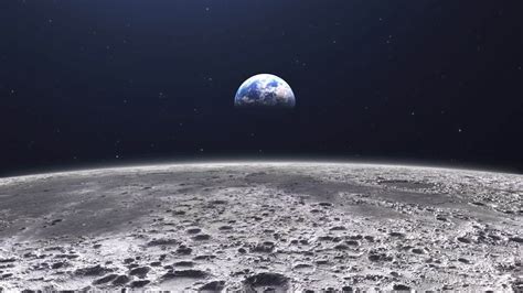 Cinematic planet earth view from the moon surface. Starry space in the background. Travel across ...