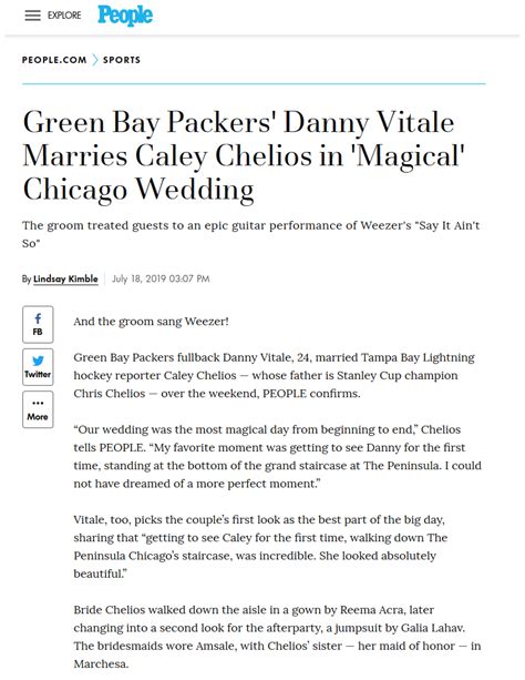 People Feature - Green Bay Packer's Danny Vitale Marries Caley Chelios ...