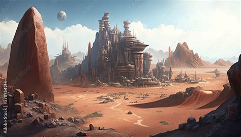 A massive fantasy city mars colors landscape concept art surrounding an ...