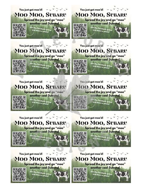 10 Outdoorsy Moo Moo Subaru Cards one-sided DIGITAL DOWNLOAD - Etsy