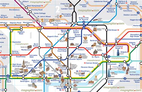 London top tourist attractions map - London tube map with attractions - Underground stations ...