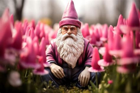 Premium Photo | Photo of Whimsical garden gnome in a sea of tulips ...