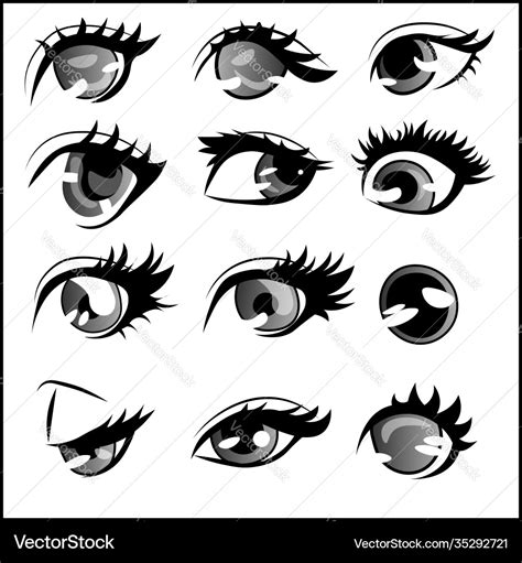 Different styles and shapes anime eyes Royalty Free Vector