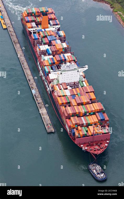 A Neo-Panamax container ship heading to the Atlantic side in Panama Canal, Panama Stock Photo ...