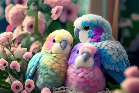 Premium Photo | Cute colorful parrots on a background of flowers