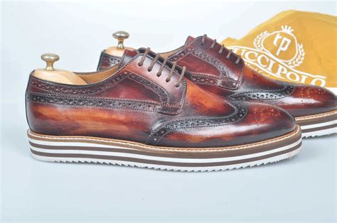 Tuccipolo handmade luxury burnished brown wingtip brogue mens italian leather shoes with eva sole