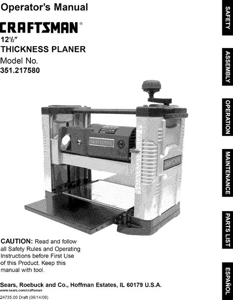 Craftsman 351217580 User Manual 12 1/2 THICKNESS PLANER Manuals And Guides L0612241