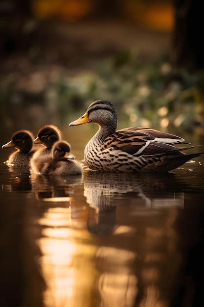 Premium AI Image | A duck with three baby ducks in a pond