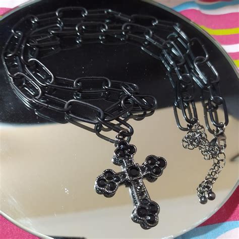 Goth style black cross chain necklace -NOT HEAVY... - Depop