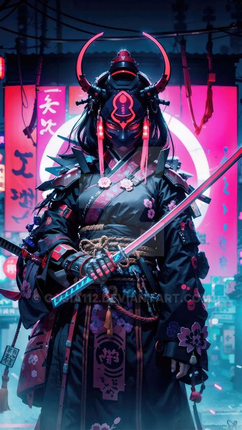 Neon Samurai Warrior in Cyberpunk Tokyo - backiee