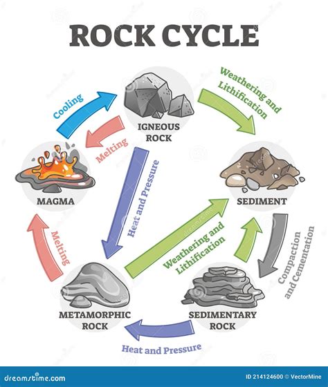 Rock Cycle Transformation and Stone Formation Process Labeled Outline Diagram Stock Vector ...