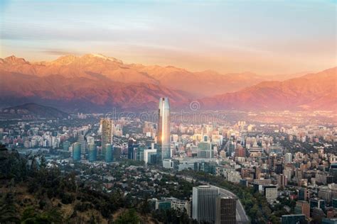 Aerial View of Santiago Skyline at Sunset with Costanera Skyscraper - Santiago, Chile Stock ...