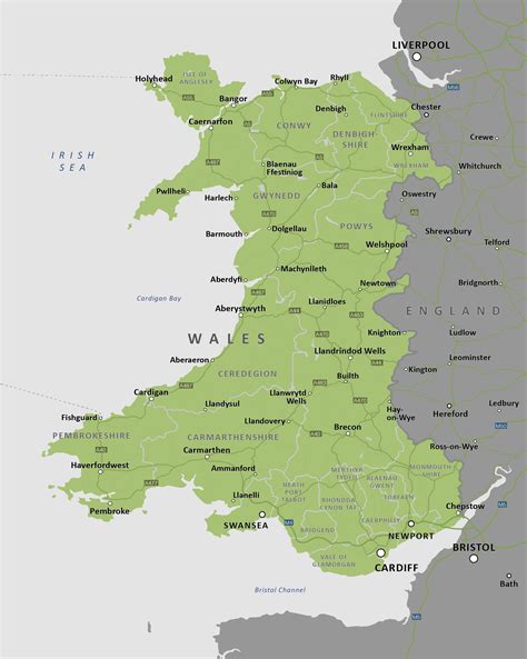 Wales map with roads, counties, towns - Maproom