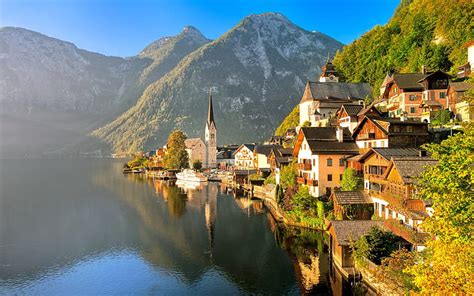 HD wallpaper: trees, landscape, mountains, nature, lake, home, boats, Austria | Wallpaper Flare