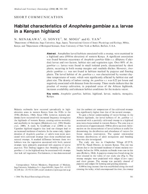 (PDF) Habitat characteristics of Anopheles gambiae s.s. larvae in a Kenyan highland | G. Yan ...