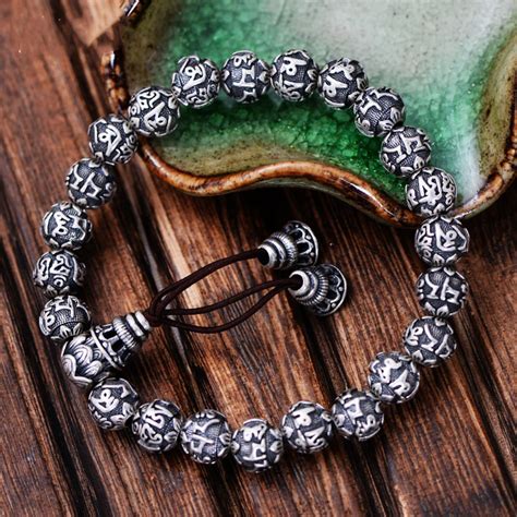 MetJakt Buddhism Mantra Bracelet Solid 999 Fine Silver Buddha Beads ...