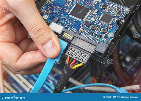 Connecting SATA Cable To Motherboard of Personal Computer Stock Image ...