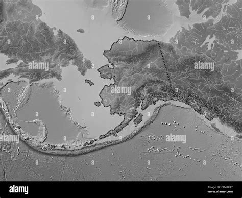 Alaska, state of United States of America. Grayscale elevation map with lakes and rivers Stock ...