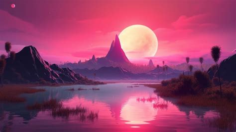 Premium AI Image | A pink sunset with a mountain in the background