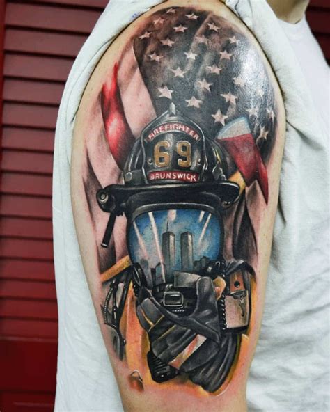 a man with a fireman's helmet and american flag tattoo on his arm