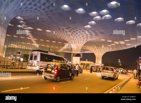 Beautiful exteriors of Mumbai International airport during night also called Chhatrapati Shivaji ...