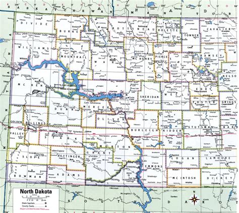 Map of North Dakota showing county with cities,road highways,counties