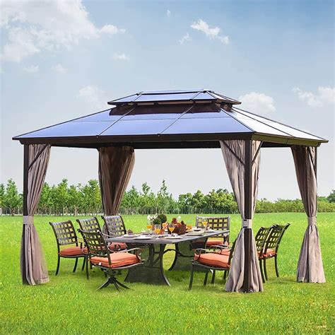 Erommy 10x13ft Outdoor Double Roof Hardtop Gazebo Canopy Curtains Aluminum Furniture with ...