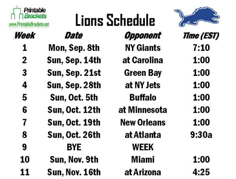 Lions Schedule Detroit Lions Schedule - FreePrintable.me