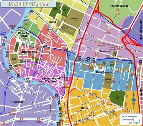 Bangkok top tourist attractions map - Most popular central districts including Siam Square ...