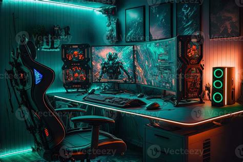 Spectacular gaming room interior, gaming pc, gaming desk, game setup room, tv, desk for five ...