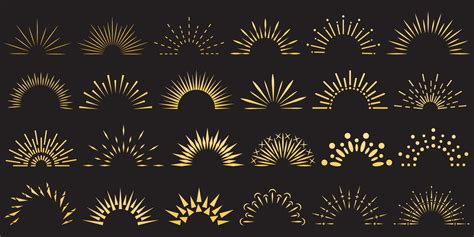 Set of golden sun rays icons of various shapes. Summer, design elements, sunshine, daylight ...