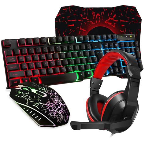 Gaming Keyboard and Mouse Combo with Headset, RGB Rainbow Backlit 104 ...