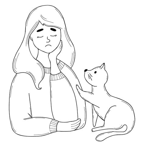 Premium Vector | Cute sad lonely girl with cat vector linear hand drawing doodle outline