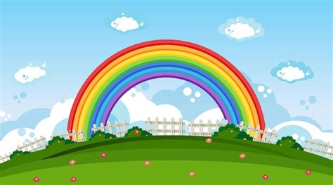 Free Vector | Nature park scene background with rainbow in the sky