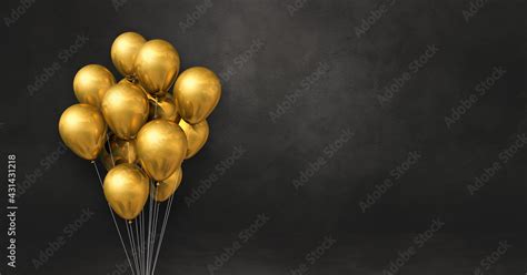 Gold balloons bunch on a black wall background. Horizontal banner. Stock Photo | Adobe Stock