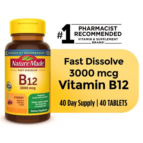 Nature Made Vitamin B12 Sublingual 3000 mcg Sugar Free Fast Dissolve Tablets, 40 Count - Walmart.com