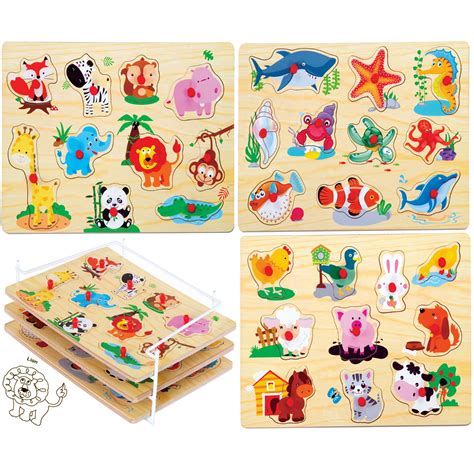 Bundaloo 3 Piece Puzzle Set with Wire Rack - Wooden Animal Puzzles for ...