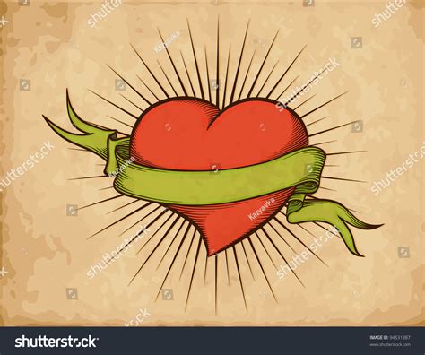 Heart With Ribbon In Tattoo Style On Old Paper. Vector Illustration Eps10 In Engraved Style ...