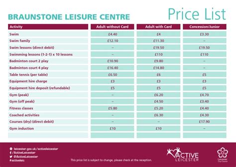 Braunstone Leisure Centre Price List July 2018 | PDF