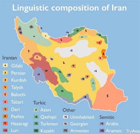 Map of the main Languages of Iran (I added a version with numbers in case the colours seem too ...