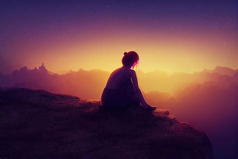 Premium Photo | A sad girl sits on a rock and looks into the distance the sunset illuminates her ...