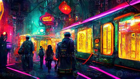 Streets of cyberpunk city, colorful city lights neon signs futuristic ...