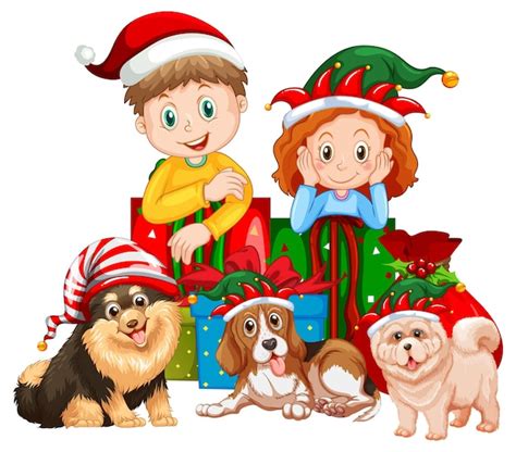 Free Vector | Children and dogs in christmas costumes