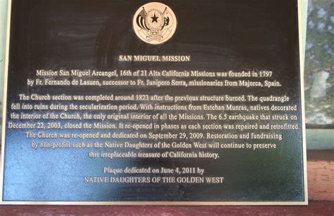 Mission history plaque for Old San Miguel Arcangel Mission, San Miguel, Ca. | California ...