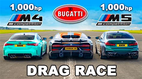 Drag race: Bugatti Chiron Super Sport vs tuned BMW M5 vs tuned BMW M4 | Carwow