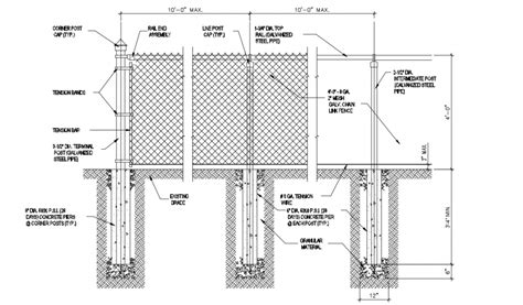 Chain link fence section and installation cad drawing details dwg file - Cadbull