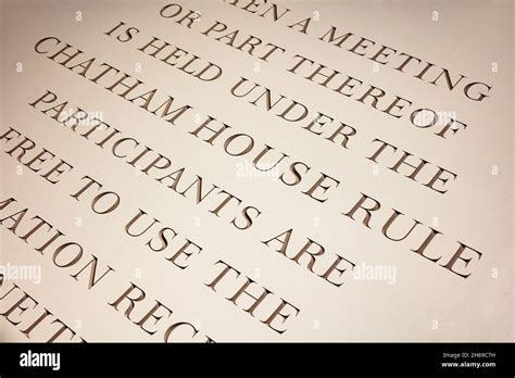 Wall-mounted stone tablet inscribed with the text of the Chatham House Rule, in Chatham House ...